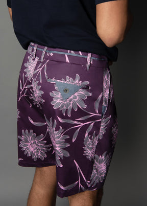 cotton mens short with a purple floral print